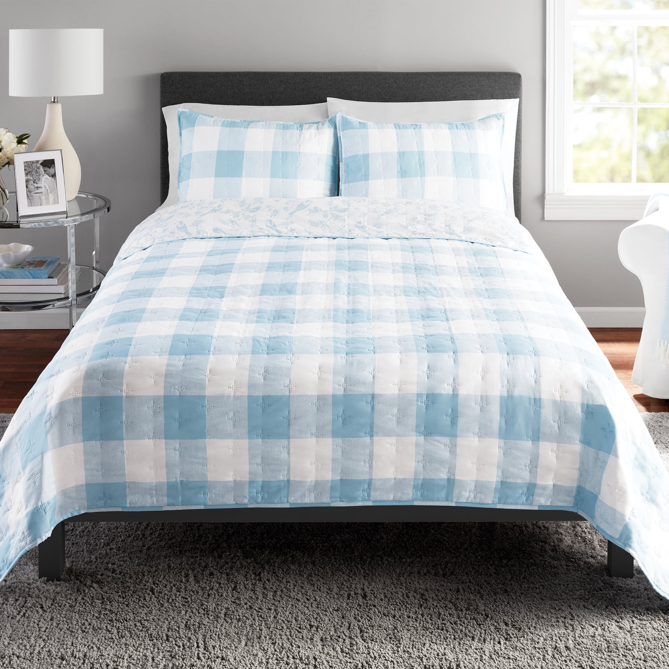 Blue Plaid Reversible Quilt Set with Tote, Mainstays, King, 4 Pieces