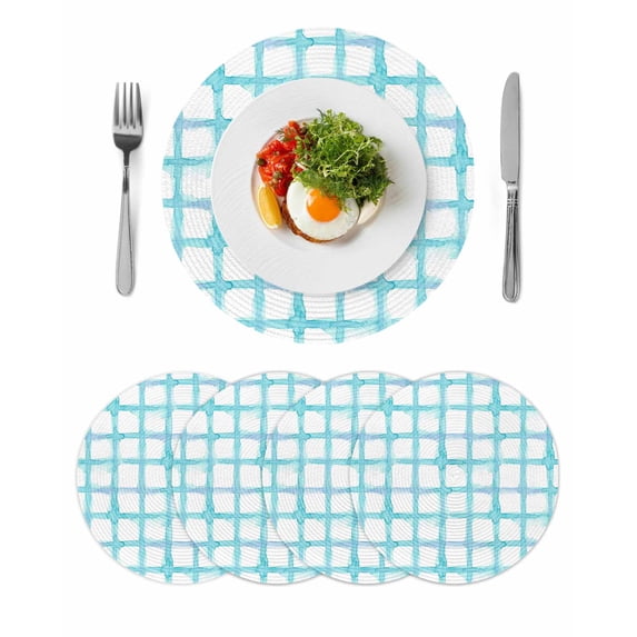 Blue Plaid Round 13 Inch Placemats Set of 4, Farmhouse Buffalo Check Stripes Modern Geometric HeatResistant Non Slip Place Mats for Dining Table, Wipeable Braided Kitchen Table Mats for Housewarming