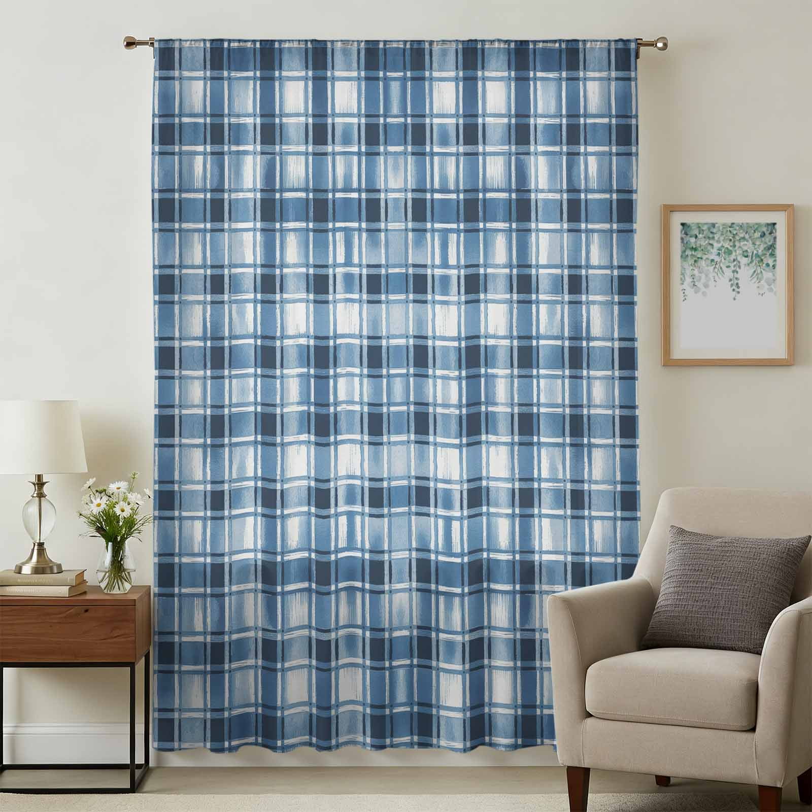 Blue Plaid Sheer Curtains 108 Inches Extra Long, Modern Simple Buffalo