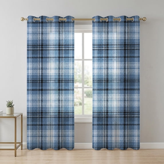 Blue Plaid Sheer Curtains 84 Inch Long 2 Panels, Rustic Farmhouse Light ...
