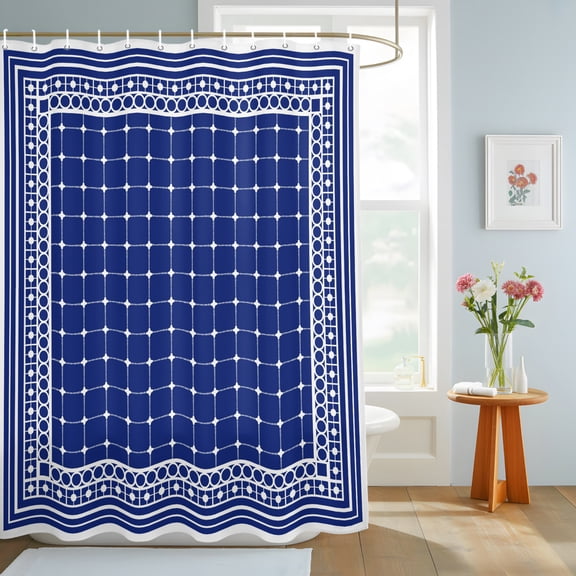 Blue Plaid Shower Curtain, Country Rustic Farmhouse Geometric Lines Grids Checkered Waterproof Washable Shower Curtain for Bathroom Bathtub Partition Bath Decoration Set with Hooks 36x72in
