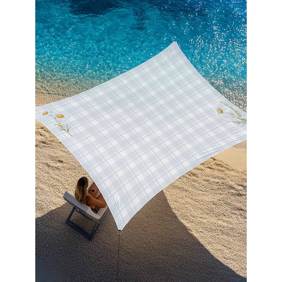 Blue Plaid Sun Shade Sail 6.5' x 10', Watercolor Daisy Flower Spring Summer Rectangle Outdoor Sunshade Canopy, Waterproof UV Block Patio Covers for Garden Yard Beach