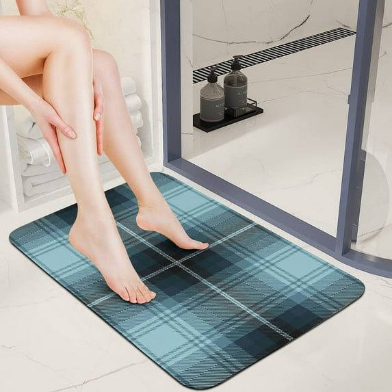 Blue Plaid Super Absorbent Diatom Mud Bath Mat 40x60cm Non Slip Quick Dry Bathroom Floor Mat, Soft Water Absorbent Rug for Bathroom, Bedroom, Vanity, And Guest Room