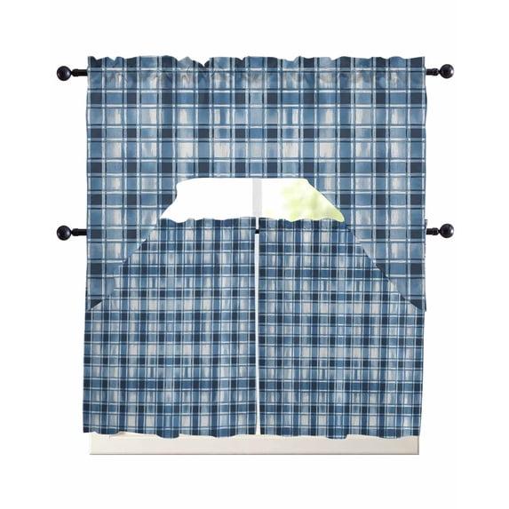 Blue Plaid Swag Curtains for Living Room/Bedroom Windows, Modern Simple Watercolor Buffalo Lattice Kitchen Curtains and Valances Set 36 Inch Length, Light Filtering Swags Valance Curtain Panels