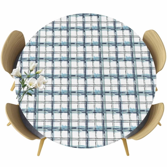 Blue Plaid Table Cloth, Round Fitted Tablecloths with Elastic Edge, Watercolor Checkered Blue Ombre Wipeable Waterproof Table Cover for Kitchen Wedding 36-44 Inches