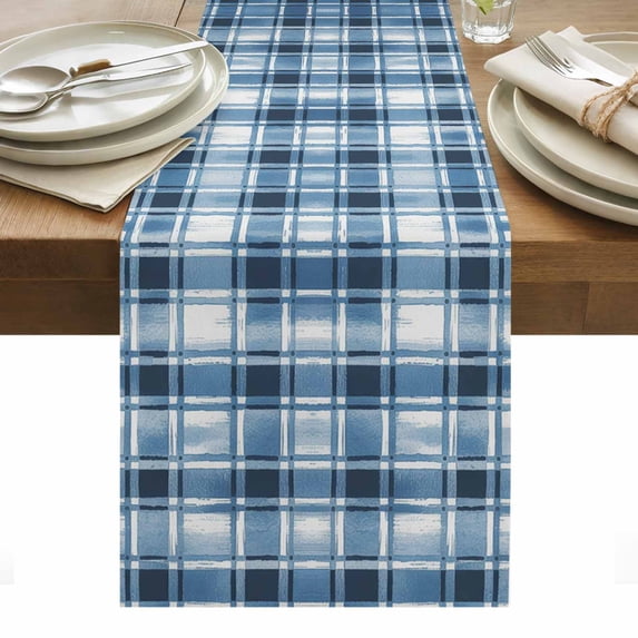 Blue Plaid Table Runner - 108 Inch Long, Kitchen Dining Table Runner Dresser Scarves, Modern Simple Watercolor Buffalo Lattice Farmhouse Decor for Coffee Tables Wedding Party Banquet