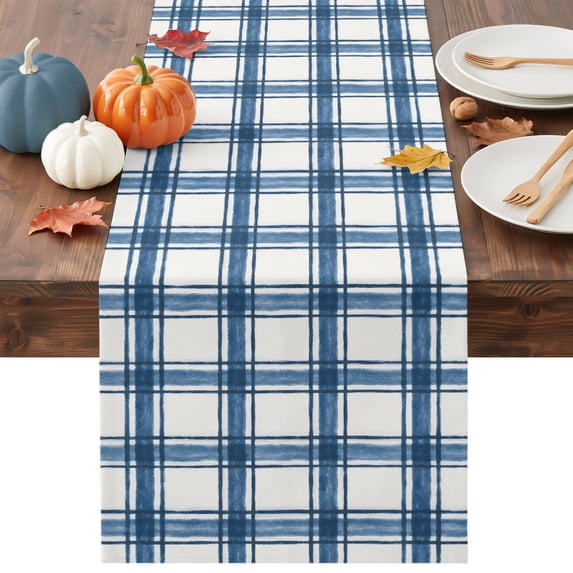 Blue Plaid Table Runner - 36 Inch Long Gingham Check Minimalist Modern Grid Farmhouse Cotton and Linen Blended Dress Scarves Farmhouse Table Runner for Kitchen Dining, Coffee Table, 13" x 36"