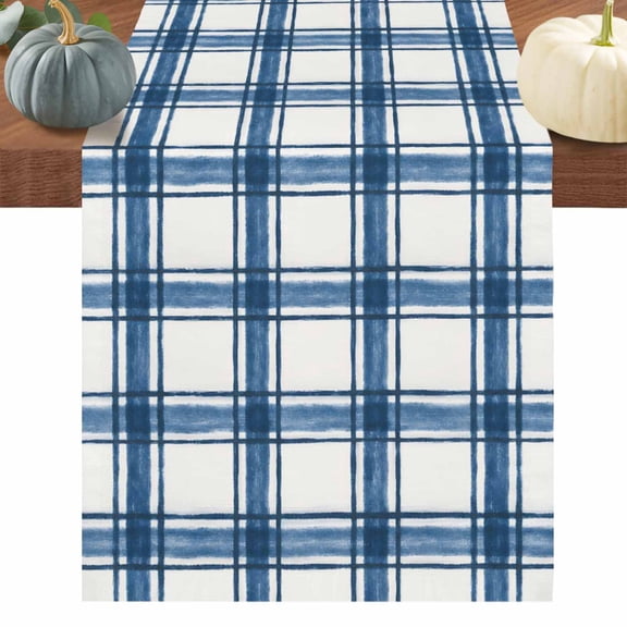 Blue Plaid Table Runner 70 Inches Long, Gingham Check Minimalist Modern Grid Farmhouse Cotton Linen Table Runners Dresser Scarves, Fabric Tabletop Scarf Furniture Cover for Dinner Party 13"x70"