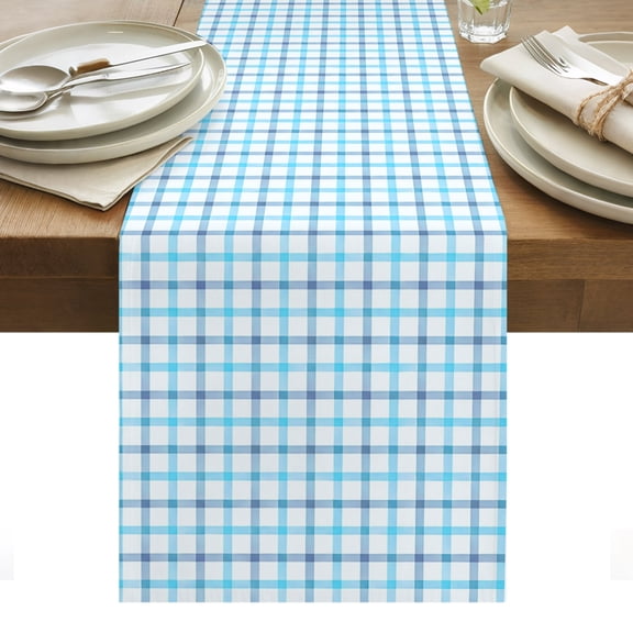 Blue Plaid Table Runner, Classic Blue White Checkered Lines Stripes Rustic Washable Kitchen Table Runners Dress Scarves for Dining Table Decorations Party/Restaurant/Indoor Outdoor Use, 13x36in