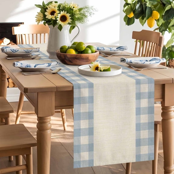 Blue Plaid Table Runner, Retro Country Blue Plaid Linen Texture Washable Kitchen Table Runners Dress Scarves for Dining Table Decorations Party/Restaurant/Indoor Outdoor Use, 13x120in