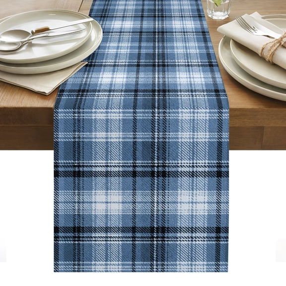 Blue Plaid Table Runner, Rustic Farmhouse Washable Kitchen Table Runners Dress Scarves for Dining Table Decorations Party/Restaurant/Indoor Outdoor Use, 13x36in
