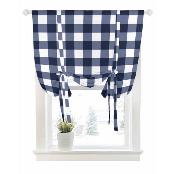 Blue Plaid Tie Up Curtains for Window, Thermal Insulated Balloon Shade Adjustable Rod Pocket Curtains Valance Panels for Kitchen Bathroom Cafe 42 x 45 Modern Simple Gradient Buffalo Checked