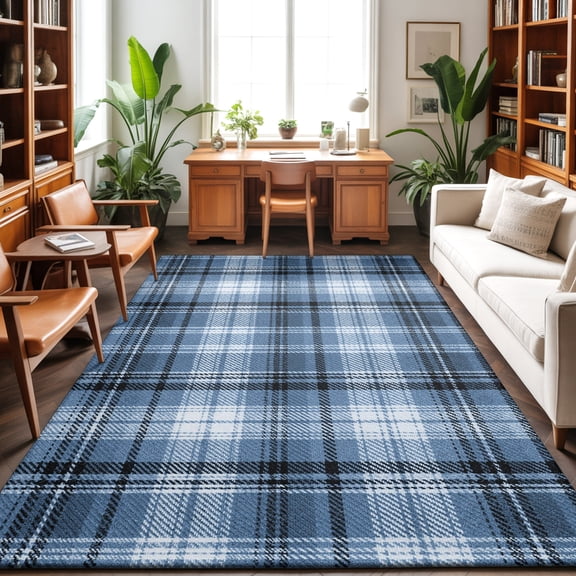Blue Plaid Washable Area Rug 8 x 10 ft Rustic Farmhouse Soft Non Slip Rugs Stain Repellent Indoor Felt Carpet for Living Dining Room Bedroom Home Office