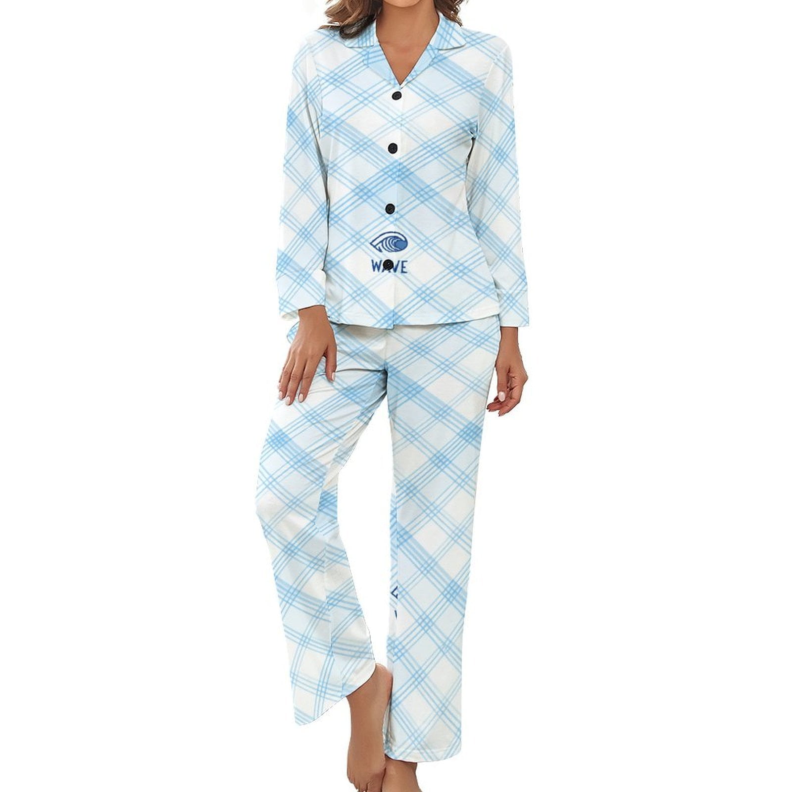 Blue Plaid Wave Pattern Pajamas Woman Vintage Pajamas Set 2 Piece Long ...