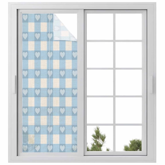 Blue Plaid Window Privacy Film, Country Cute Love Pastoral Heart Lattice Static Cling UV Sun Blocking Heat Control Window Tint Day and Night, Non-Adhesive One Way Windows Privacy Cover 23.6''x59''