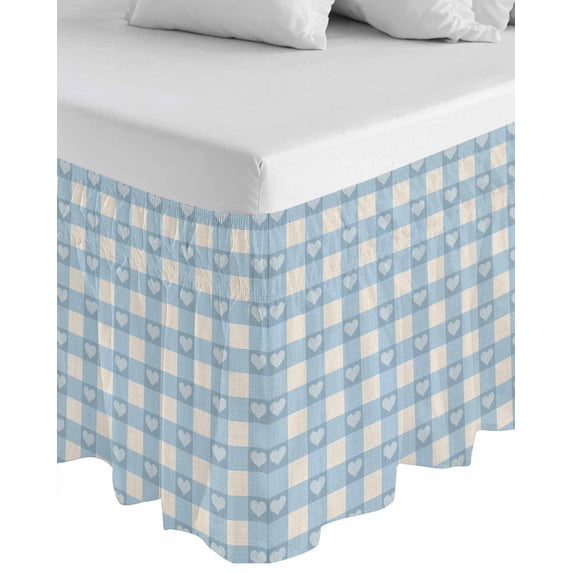 Blue Plaid Wrap Around Bed Skirts for Queen Bed 18" Drop,Bed Skirt with Adjustable Elastic Belt Dust Ruffle Bed Valance for Bedroom Hotel Country Cute Love Pastoral Heart Lattice Bed Frame Cover