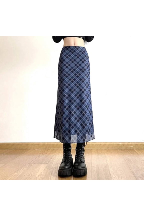 Blue Plaid Wrap Pencil Skirt With Side Slit Ankle-Length Slim Fit Preppy Style Casual Office Skirt