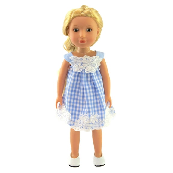 Blue Plaid and Lace Dress made for 14 inch dolls