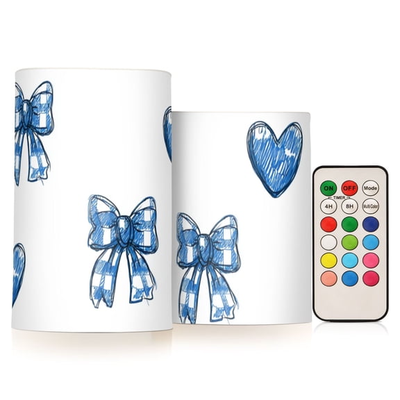 Blue Plaids Bows Hearts Valentine Flickering Flameless Candles LED Tealight Battery Operated with Remote Set of 2 Holiday Decor Ornaments