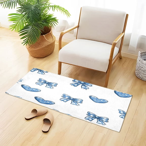 Blue Plaids Bows Hearts Valentine Plush Carpet Non Slip Runner Rug Absorbent Bath Mat 39" x 20"
