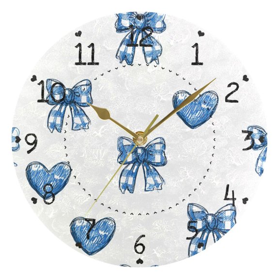 Blue Plaids Bows Hearts Valentine Round Wall Clock Silent Analog Battery Operated Gold Pointer Home Decor 9.84" Diameter