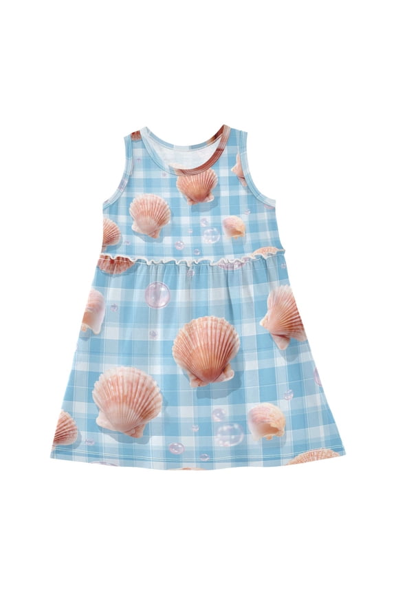 Blue Plaids Bubbles Shells Sleeveless Dress A-Line One-Piece Dress Quick Dry 6Y