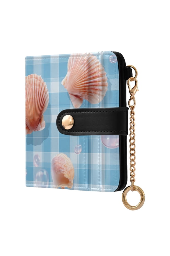 Blue Plaids Bubbles Shells Women's Wallet PU Leather Card Cases RFID Blocking Purse Billfold with Key Ring