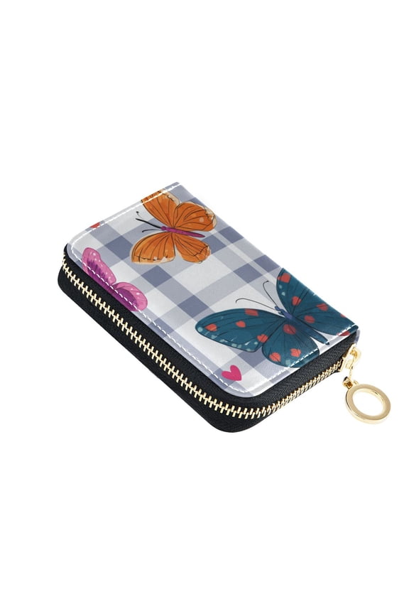 Blue Plaids Butterflies Hearts Valentine Women's Credit Card Holder PU Leather Zipper Wallet RFID Blocking