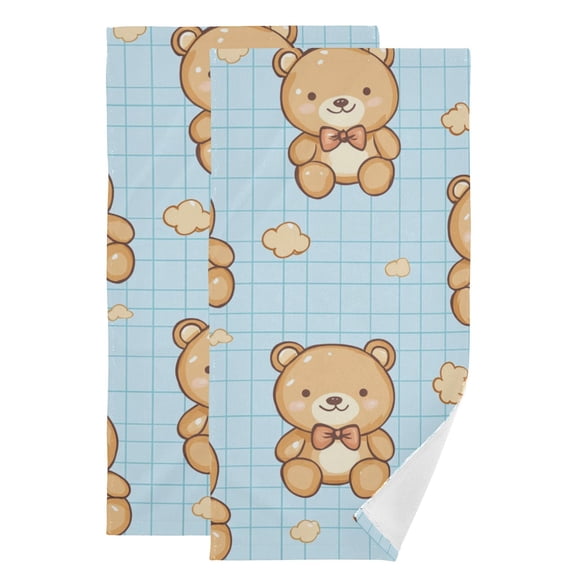 Blue Plaids Cute Bears Brown Clouds Hand Towel Absorbent Bath Towels for Bathroom Sports Gym 28" x 14" Set of 2