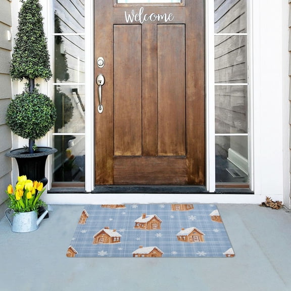 Blue Plaids Gingerbread Houses Snowflakes Christmas Doormats Welcome Mats Gate Pads Entryway Outdoor 32" x 20"