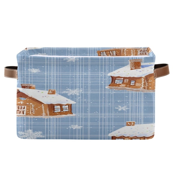 Blue Plaids Gingerbread Houses Snowflakes Christmas Square Storage Bins with Handles Collapsible Containing Box 1 Pack