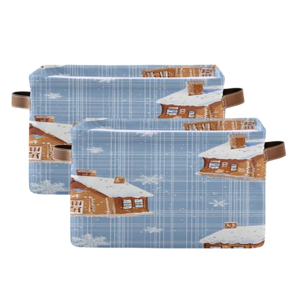 Blue Plaids Gingerbread Houses Snowflakes Christmas Square Storage Bins with Handles Collapsible Containing Box 2 Packs