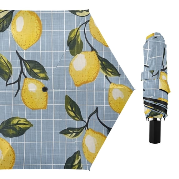 Blue Plaids Lemons Leaves Vintage Style All Weather Umbrella Triple Folding Parasol 6 Ribs UV Protection Portable