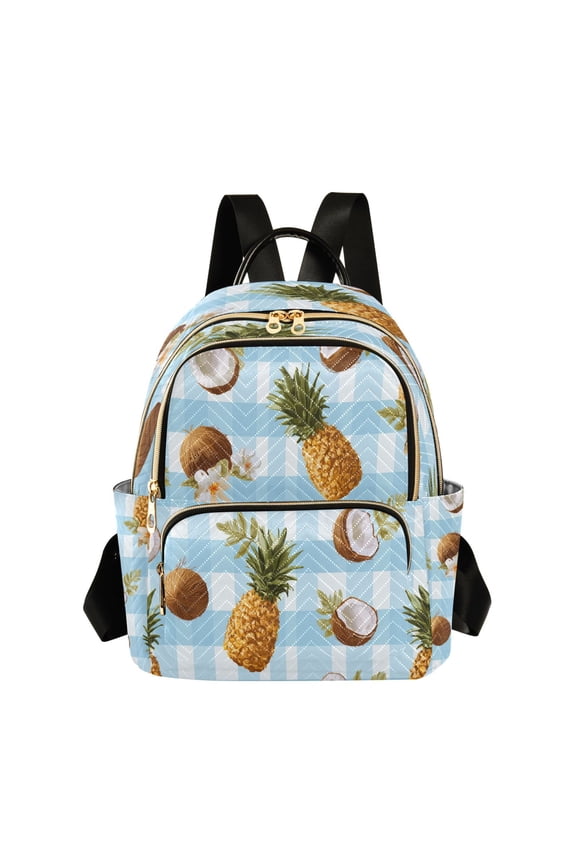 Blue Plaids Pineapples Coconuts Flowers Quilted Backpack Fashion Daypack Commuter Bag for Women 8.5 L