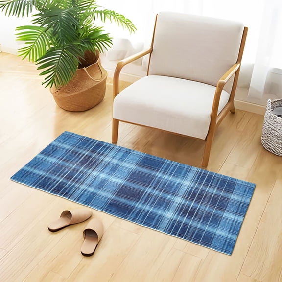 Blue Plaids Plush Carpet Non Slip Runner Rug Absorbent Bath Mat 39" x 20"