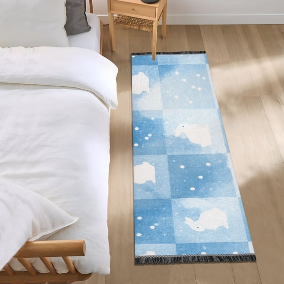 Blue Plaids Rabbits Easter Bedside Runner Rug 2'x 6' Non Slip Carpet Floor Mat Area Rug