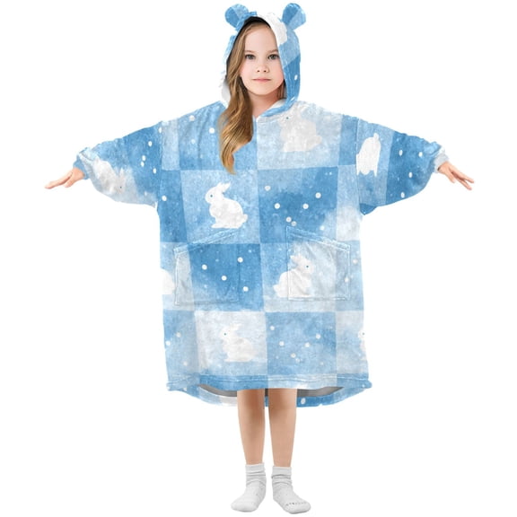 Blue Plaids Rabbits Easter Flannel Wearable Blankets Hooded Design Long Sleeves Wrap Unisex for 3T-14Y S
