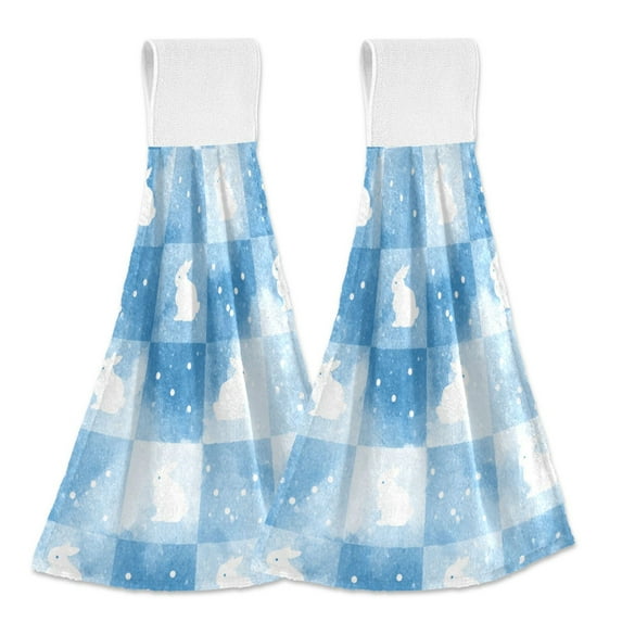 Blue Plaids Rabbits Easter Hanging Towels with Loop Hand Towels Nylon Fastener Tape Design Dish Cloths 2 Pieces