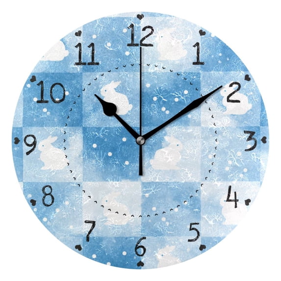 Blue Plaids Rabbits Easter Round Wall Clock Silent Analog Battery Operated Black Pointer Home Decor 9.84" Diameter