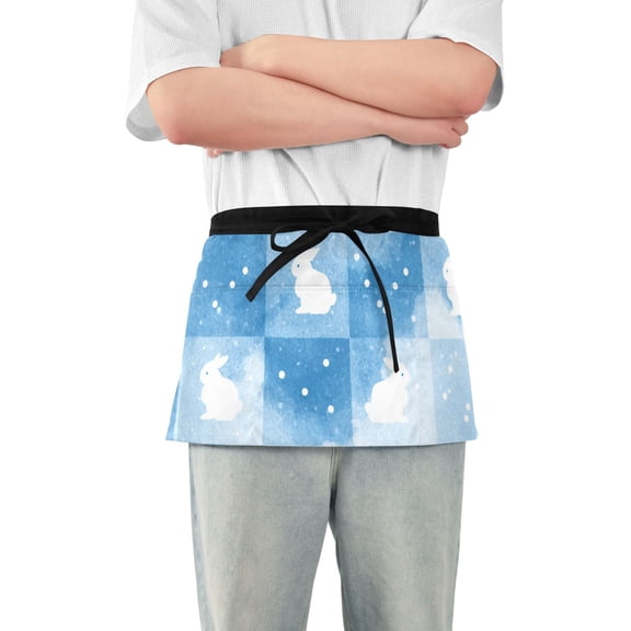 Blue Plaids Rabbits Easter Short Server Apron with 3 Pockets for Unisex Chef Gardening