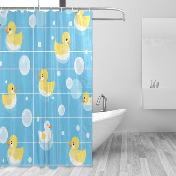 Blue Plaids Rubber Ducks Bubbles Shower Curtains with 12 Hooks Waterproof Bathroom Decor 66" x 72"