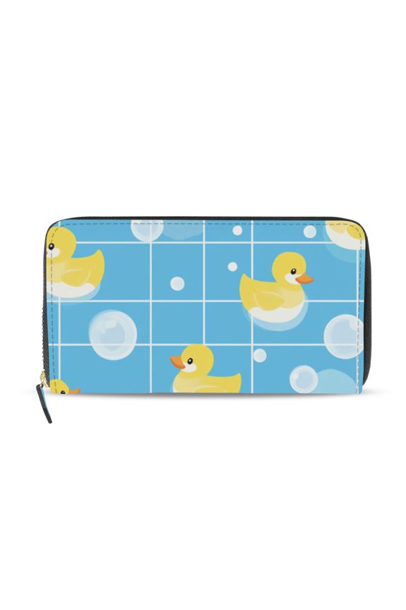 Blue Plaids Rubber Ducks Bubbles Women's Long Zipper Wallet Bifold Clutch Purse PU Leather Card Cases