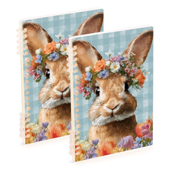 Blue Plaids Tulips Easter Rabbit with Wreath Notebook Detachable Coil Notebook Diary Plan Book A5 Size 60 Pages 2 Pack