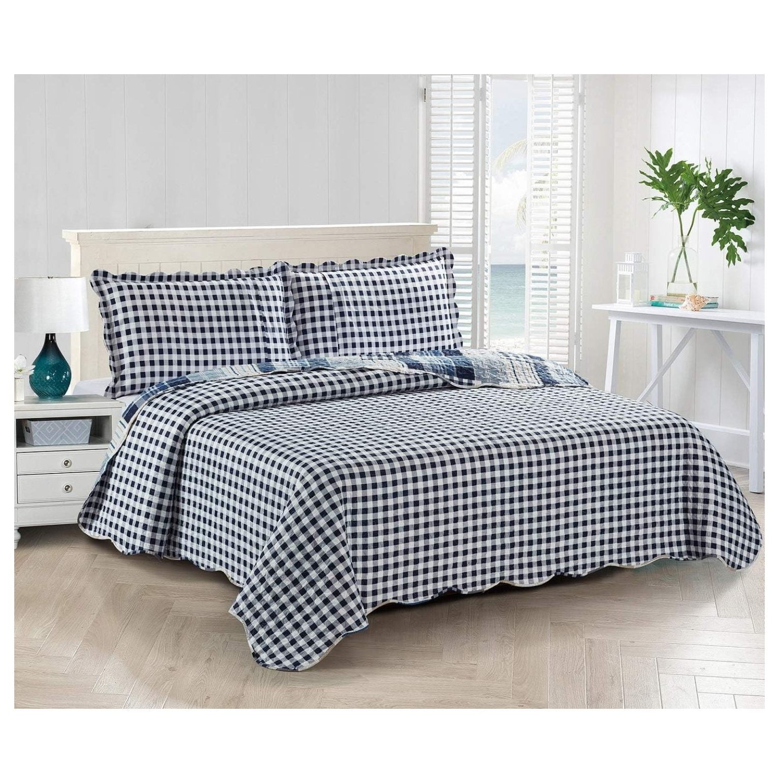 Blue Plaids and Stripes Patchwork, 3Piece Quilt Set with 2 Shams