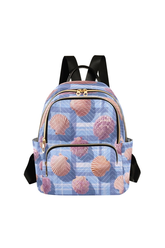 Blue Plaids with Shells Quilted Backpack Fashion Daypack Commuter Bag for Women 8.5 L