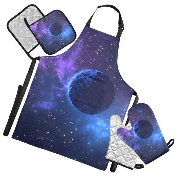 Blue Planet in Space 5 Pcs Kitchen Set Heat Resistant Oven Mitts and Non-Slip Pot Holders with Adjustable Cooking Apron