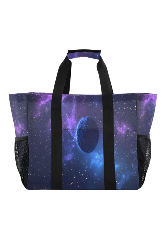 Blue Planet in Space Reusable Grocery Bags with Handle Side Pocket Waterproof Shopping Portable Tote