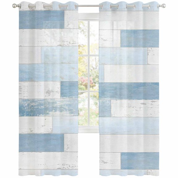 Blue Plank Sheer Curtains 90 Inch Long 2 Panels, Coastal Blue White Distressed Wood Grain Rustic Light Filtering Semi Sheer Drapes Grommet Voile Window Curtain for Living Bedroom W52 x L90