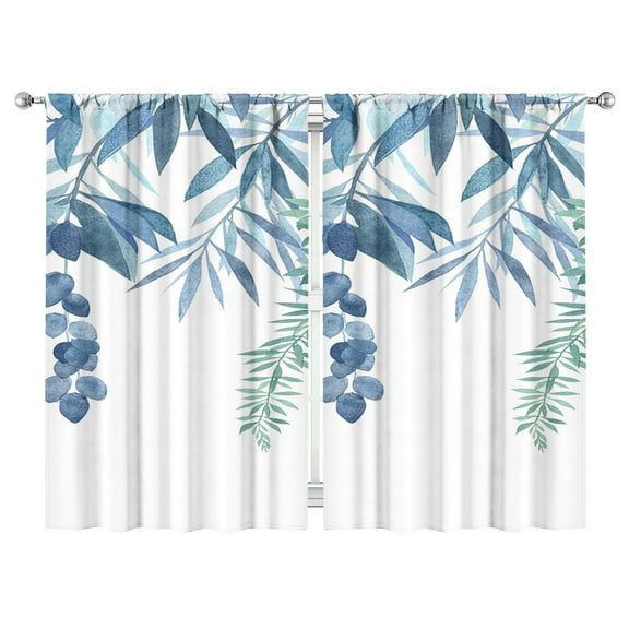 Blue Plant Leaves Curtains-blackout Curtains Bedroom Decor Living Room Darkening Grommet Window Drapes 2 Panels Set 52"x 84"