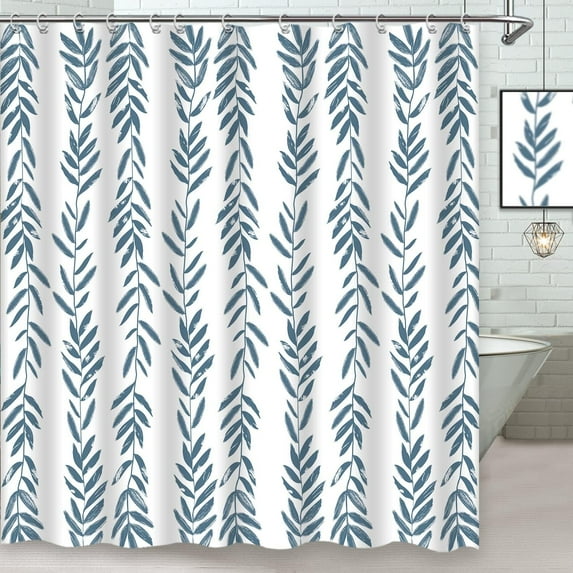 Blue Plant Leaves Shower Curtain Modern Abstract White Minimalist Shower Curtain Boho Neutral Waterproof Polyester Fabric Bathroom Decor Shower Curtain Set, 72 x 72 Inches